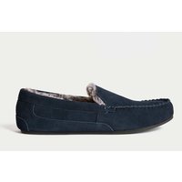 M&S Suede Fleece Lined Moccasin Slippers Navy